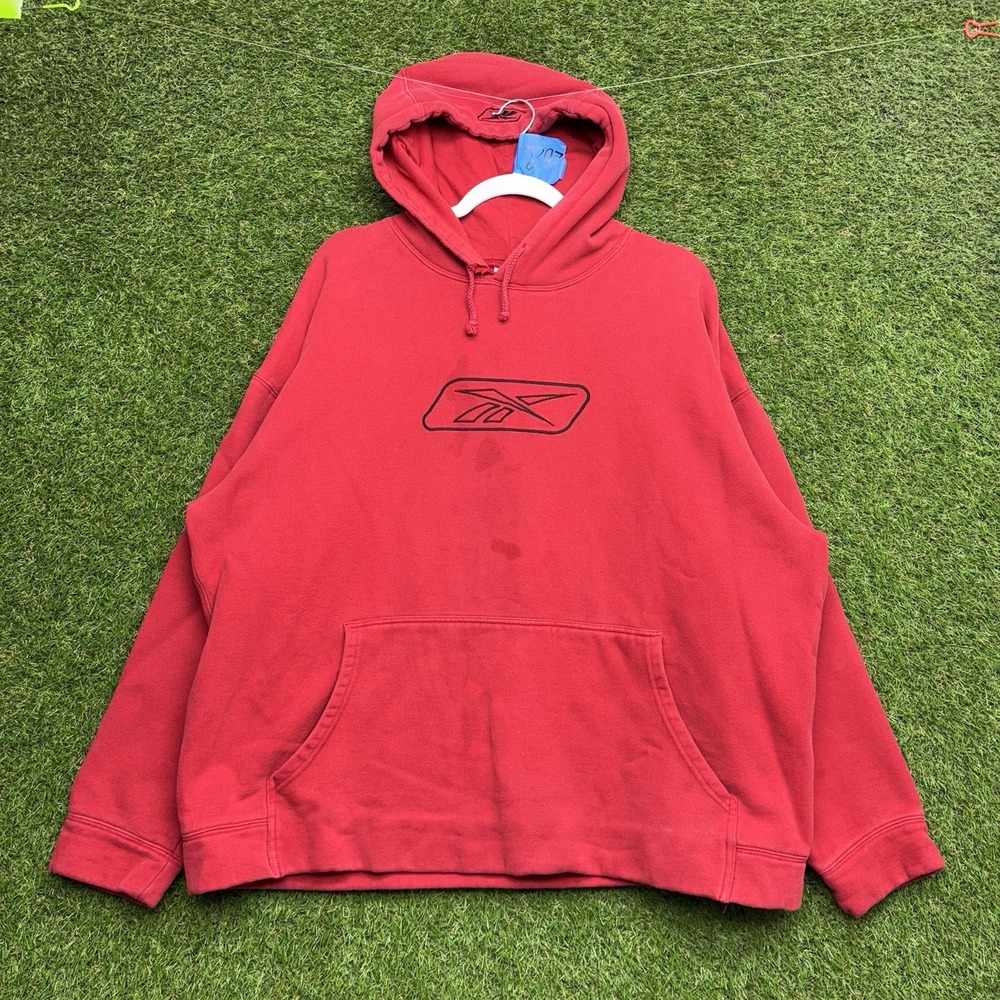 Vintage Reebok Hoodie Mens Large Red Hoodie Sweatshirt Logo Embroidered Y2K
